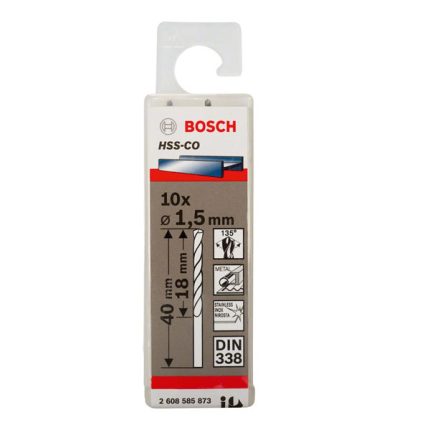 علبة بنط كوبلت للتخريم فى الاستانلس 10 قطع 1.5مم بوش BOSCH PACK OF  10 Metal Drill Bits  HSS-CO 1.5X18X40