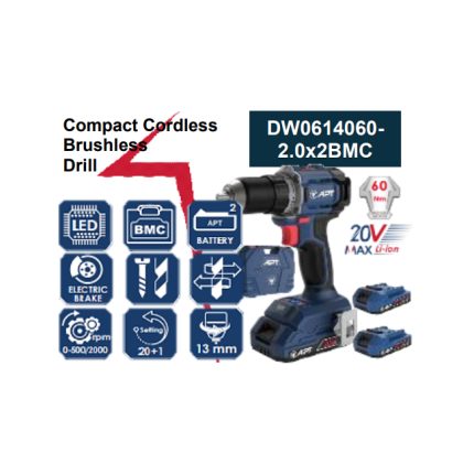 شنيور 13مم ظرف معدن 20 فولت 60نيوتن 2 بطاريه 2 امبير شنطة بلاستيك  موديل DW0614060-2*2BMC ماركة اي بي تي APT