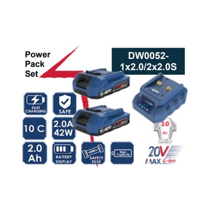 عدد 2 بطارية 20 فولت 2امبير+ شاحن20 n   موديل DW0052-1x2.0/2x2.0S ماركة اي بي تي APT